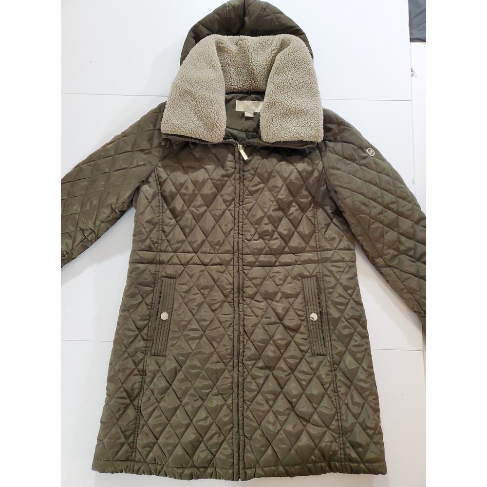 Michael Kors Women's‎ Quilted Anorak Jacket Sherpa Collar Hood Olive Green Sz L